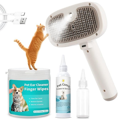 Cat Steam Brush, Dog Brush for Shedding, Pet Spray Hair Removal Comb, Pet Brush for Short &amp; Long Hair, USB Rechargeable Grooming Supplies, Spritz Defur Comb with Finger Wipe for Teeth (White)