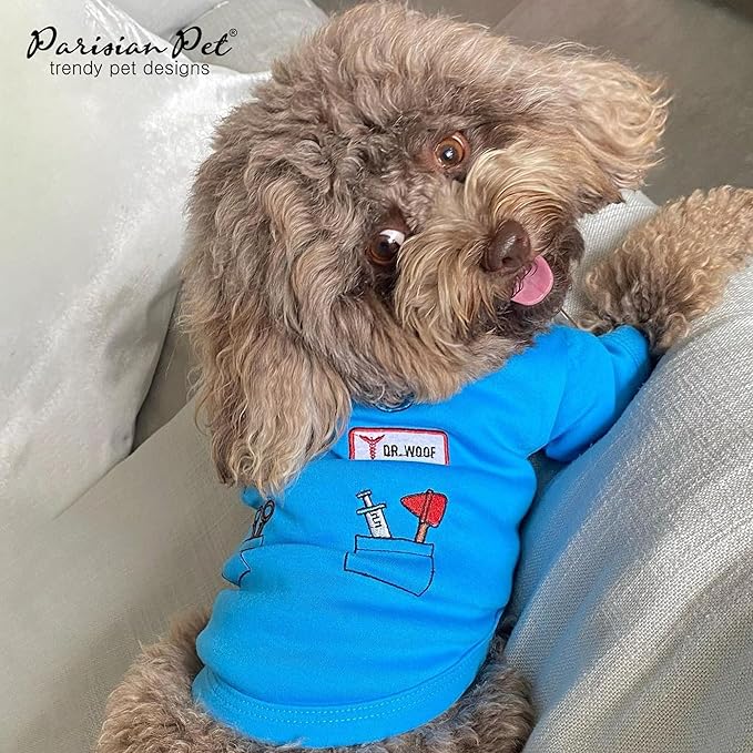 Parisian Pet Doctor Woof Dog Shirt - Embroidered Pirate Costume - 100% Cotton &amp; Polyester - Blue Funny Dog Shirts - Pet Costume - 2XL