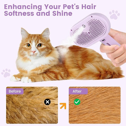 3 in 1 Cat Steam Brush, Pet Spray Hair Removal Comb for Shedding &amp; Grooming, Water Brush for Cats Dogs Small Animals Long Short Haired with One-Click Release Button(Purple)