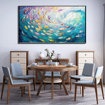 Fish Canvas Wall Art, Abstract School of Fish Canvas Wall Art, School of Fish Painting Canvas, School of Fish Wall Art, Fish Wall Decor, Fish Pictures Wall Decor, Bedroom Canvas Wall Decor (Black Framed, 59"x33" | 150x84cm)