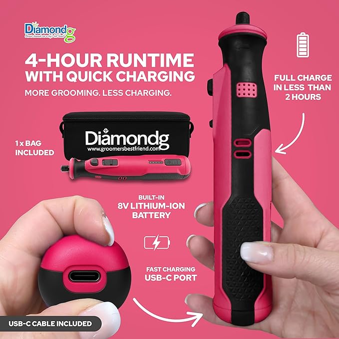 Diamondg Cordless Dog Nail Grinder with Quiet Sound &amp; LED Tip for Large &amp; Small Dogs, 4hrs. Runtime, 2 Bits Included, Pink