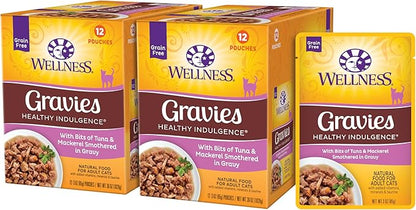 Wellness Healthy Indulgence Gravy Adult Wet Cat Food, Natural, Protein-Rich, Grain Free, 3 Ounce Pouch, 24 Pack, (Tuna &amp; Mackerel)