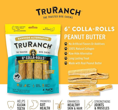 Collagen Rolls - 6" Collagen Rolls for Dogs - Long Lasting Healthy Joint Support Dog Treat - Rawhide Alternative - Skin &amp; Coat Health - Made with Real Peanut Butter, 1 Bag, 4 Count