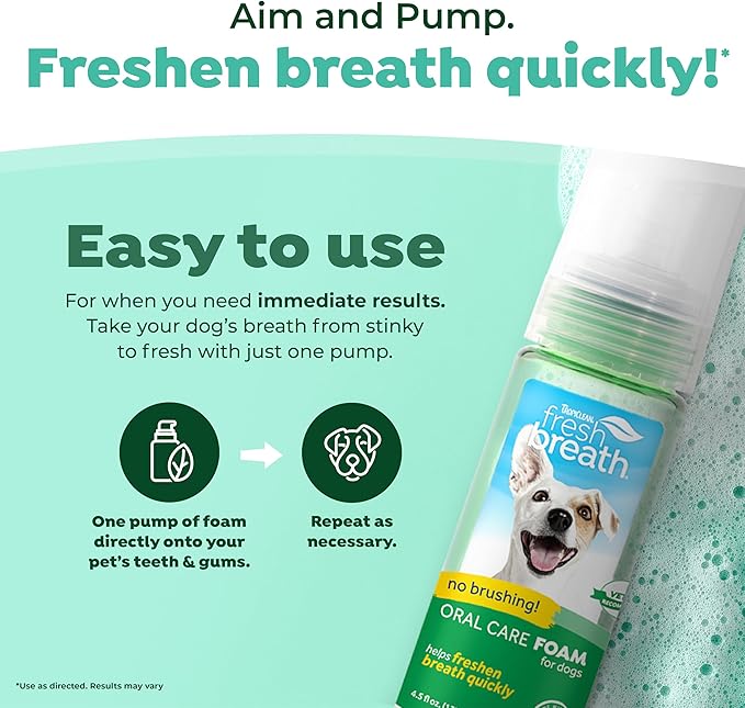 TropiClean Fresh Breath Dental Foam Spray for Dogs &amp; Cats | Quick Breath Freshener and Teeth Cleaning Solution | Made in The USA | 4.5oz.