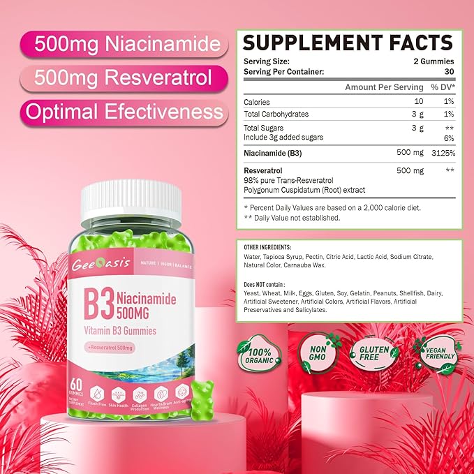 Niacinamide 500mg Gummies, Chewable Vitamin B3 Supplement with Resveratrol 500mg, High Potency Niacin for Antioxidant, Skin &amp; Brain Health, Immune Support, Vegan Apple Flavor, 60 Count