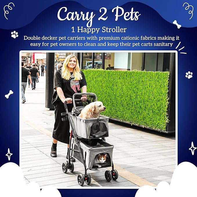 Detachable Pet Double Stroller with 4 Rolling Casters for 2 Pets – Lightweight Multifunctional Travel Stroller with Mesh Windows, Cup Holder, Sun Shades &amp; Storage Pocket for Puppy and Kitty
