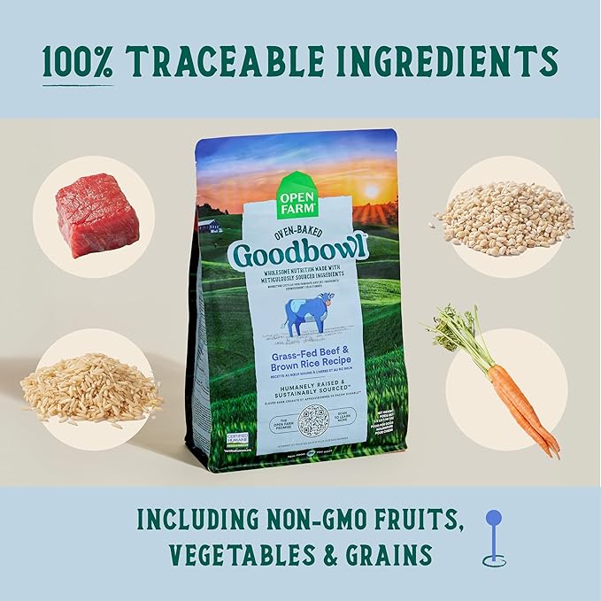 Open Farm Goodbowl, Oven-Baked Small Batch Dry Dog Food - Grass-Fed Beef &amp; Brown Rice Recipe, Includes Non-GMO Produce &amp; Grains, 3.5lb Bag (56oz Bag)