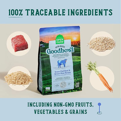 Open Farm Goodbowl, Oven-Baked Small Batch Dry Dog Food - Grass-Fed Beef &amp; Brown Rice Recipe, Includes Non-GMO Produce &amp; Grains, 3.5lb Bag (56oz Bag)