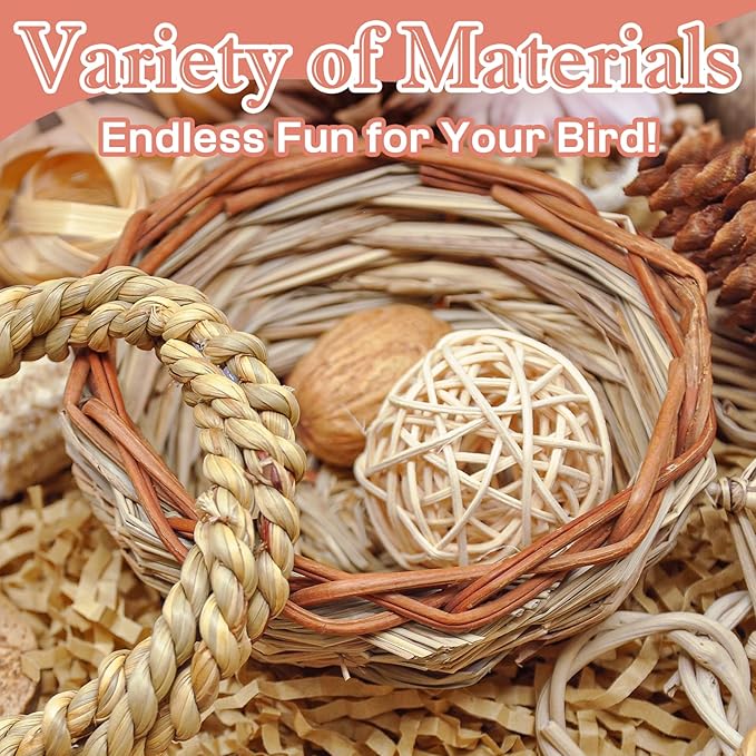 Natural Bird Foraging &amp; Shredding Toys Box - Handmade Rattan Chewing Toys for Parakeets, Cockatiels, Conures, Lovebirds &amp; Small to Medium Birds