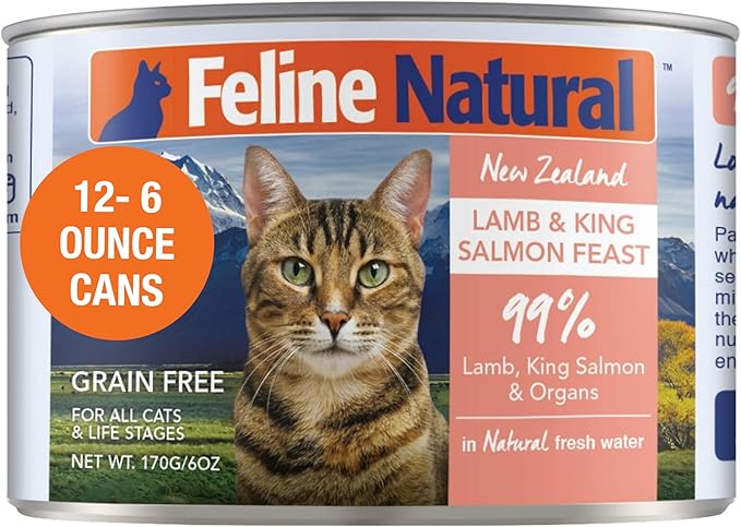 Feline Natural New Zealand Canned Catfood Wet Food, High-Meat, Low-Carb, &amp; Grain Free Cat Food Wet, Lamb &amp; Salmon Feast, 6 oz, Pack of 12
