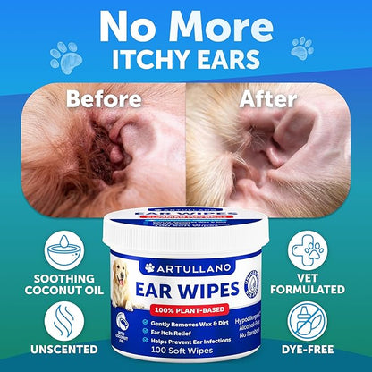 Dog Ear Wipes - 100 ct - Removes Wax and Dirt - Soothing Ear Cleaner Wipes for Dogs, Puppies - 100% Plant Based, Unscented with Coconut Oil - Ear Infection Treatment to Relief Itching &amp; Inflammation