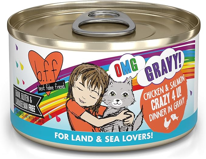 Weruva B.F.F. OMG - Best Feline Friend Oh My Gravy! Grain-Free Wet Cat Food Cans, Crazy 4 U! Chicken &amp; Salmon, 2.8oz Can (Pack of 12)
