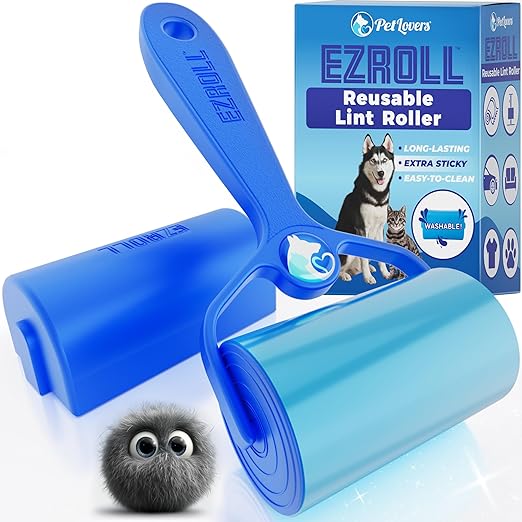 PetLovers EzRoll Reusable Lint Roller - Sticky for Life &amp; Multi-Purpose Pet Hair, Dust, &amp; Lint Remover for Clothing, Upholstery, &amp; Cars - Sustainable, Washable &amp; Efficient