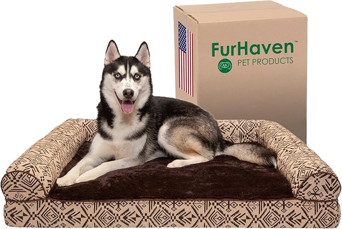 Furhaven Orthopedic Dog Bed for Large Dogs w/ Removable Bolsters &amp; Washable Cover, For Dogs Up to 95 lbs - Plush &amp; Southwest Kilim Woven Decor Sofa - Desert Brown, Jumbo/XL