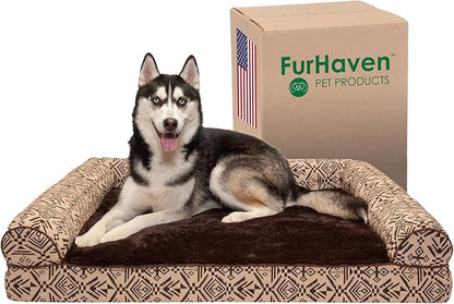 Furhaven Orthopedic Dog Bed for Large Dogs w/ Removable Bolsters &amp; Washable Cover, For Dogs Up to 95 lbs - Plush &amp; Southwest Kilim Woven Decor Sofa - Desert Brown, Jumbo/XL