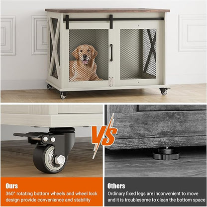Dog Crate Furniture,37 Inch Indoor Dog Cage with Sliding Barn Door, Flip Top Dog Kennel End Table with Removable Divider, Farmhouse Wooden Pet House for Small to Middle Size Dogs