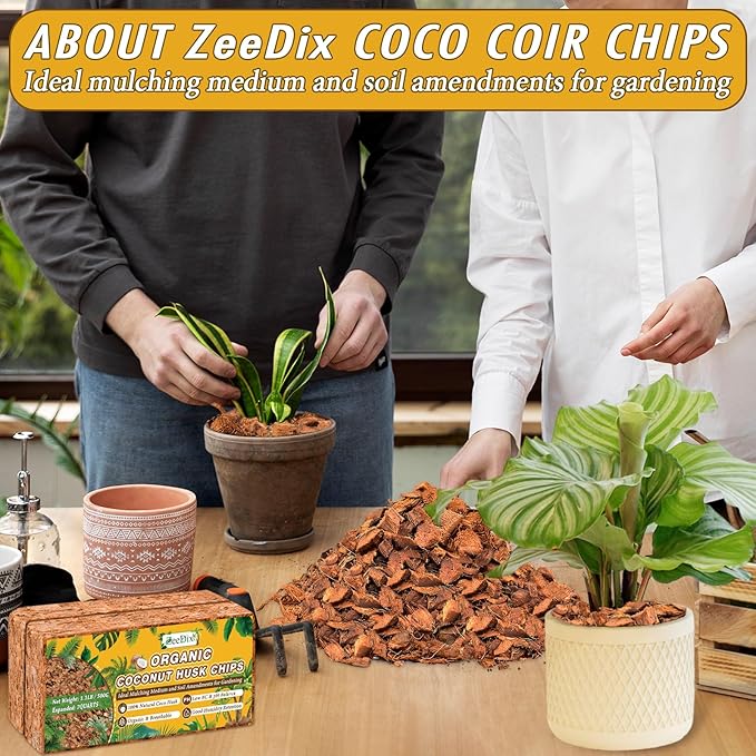 Zeedix 2 Pack Coco Husk Chips for Plants(2.2LB), 100% Organic Coconut Chips Mulch with Low EC &amp; PH Balance, All Purpose for Indoor Plant Flowers Herbs Vegetables, Reptiles Terrarium Tanks Substrate