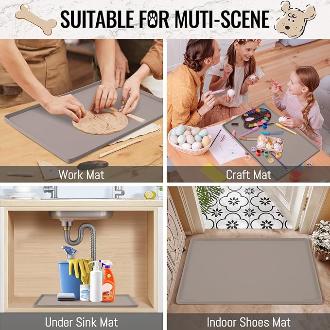 MateeyLife Dog &amp; Cat Food Water Mat for Floors Waterproof, Nonslip Pets Bowl Feeding Mats with Raised Edges, Silicone Matt Tray for Messy Drinkers, 24"x16", Taupe