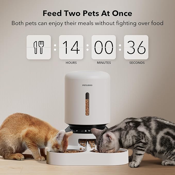PETLIBRO 5L Automatic Cat Feeder for 2 Cats, 5G&amp;2.4G Wi-Fi Programmable Cat Food Dispenser with Dual Stainless Steel Bowls, Airtight Lock Fresh Technology, Low Food Sensor