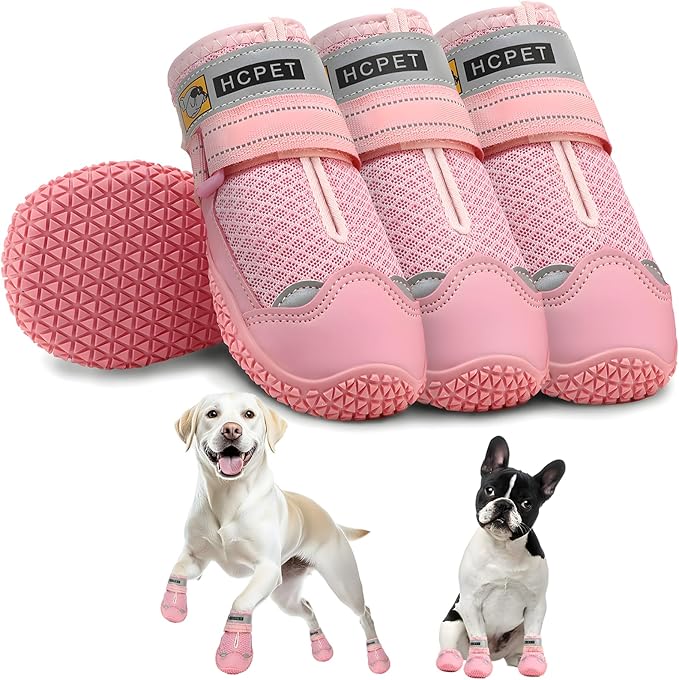 Hcpet Dog Shoes for Large Dogs, Breathable Dog Booties for Small Medium Dogs, Anti-Slip Dog Boots &amp; Paw Protectors for Hot Pavement Winter Snow Hiking with Reflective Straps Pink Size 1