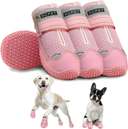 Hcpet Dog Shoes for Large Dogs, Breathable Dog Booties for Small Medium Dogs, Anti-Slip Dog Boots &amp; Paw Protectors for Hot Pavement Winter Snow Hiking with Reflective Straps Pink Size 3