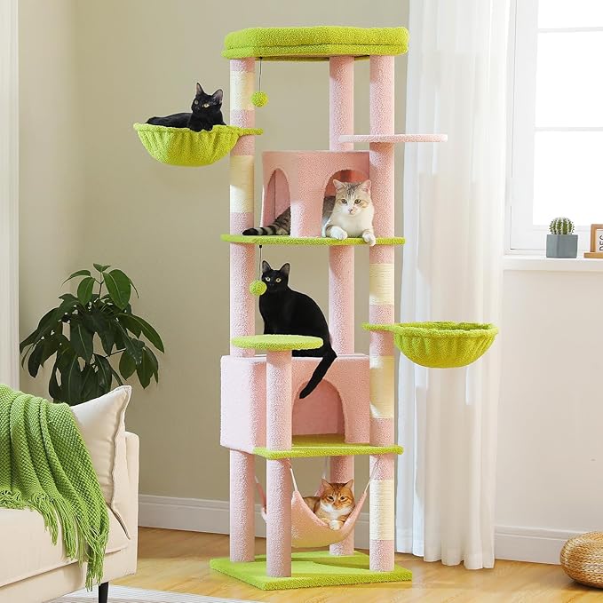 71.2" Large Cat Tree for Multi-Cat Households - Heavy-Duty 9-Level Cat Tower w/5 Sisal Scratching Posts, 2 Condos, 3 Hammocks, Extra-Large Perch &amp; Pompoms - Space-Saving, Pink