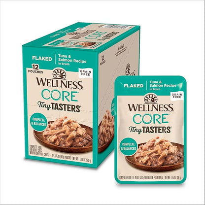 Wellness CORE Tiny Tasters Flaked Adult Wet Cat Food, Natural, Protein-Rich, Grain Free, 1.75-Ounce Pouch, 12 Pack, (Tuna &amp; Salmon)