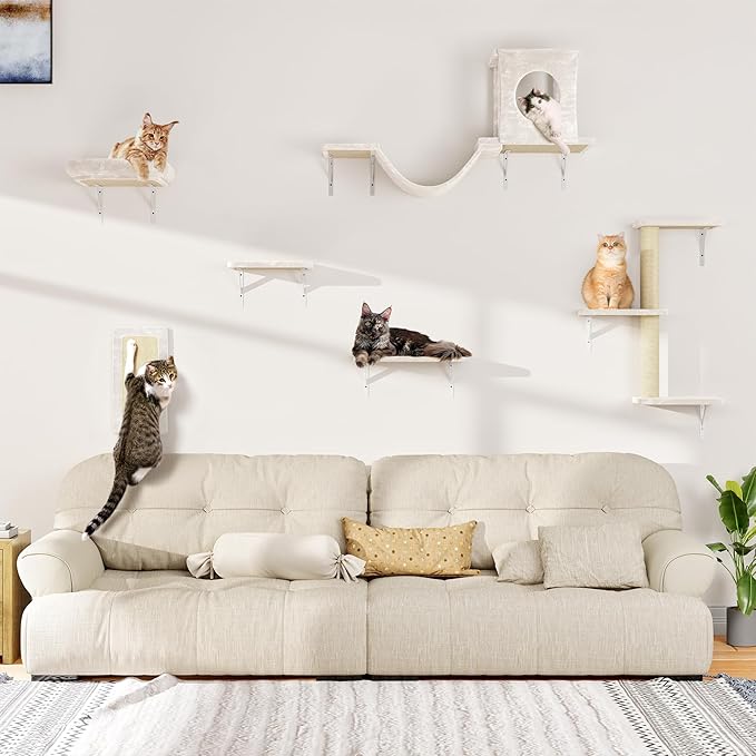 NUNU LAB Wall Mounted Cat Furniture, 6 Pcs Cat Wall Shelves with Condo House, Bridge, Steps, Scratcher, Hammock, Indoor Safe &amp; Stable Furniture for Kittens Play, Beige
