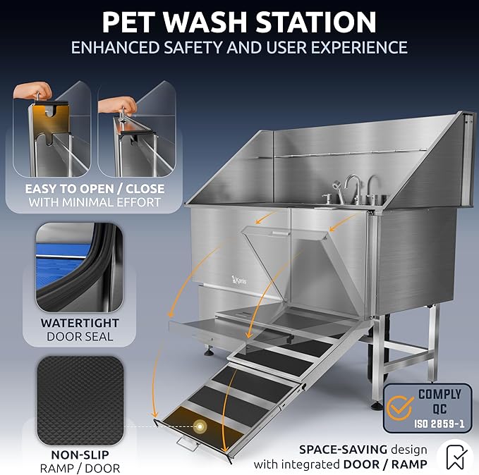KANIS Professional Dog Washing Station - 304 Stainless Steel Pet Wash Sink &amp; Grooming Bath Tub for Home with Ramp, Shower, Floor Grate, Storage Drawer, Faucet, Drain Kit for Large, Medium &amp; Small Pets