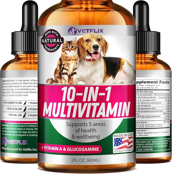 Pet Vitamins 10 in 1 - Made in USA - Glucosamine for Dogs &amp; Cats - Dog Supplement for Pet Joint Health - Natural Cat, Dog Multivitamin - All Ages &amp; Breeds - Folic Acid for Cats &amp; Dogs Immune - 2 Fl Oz