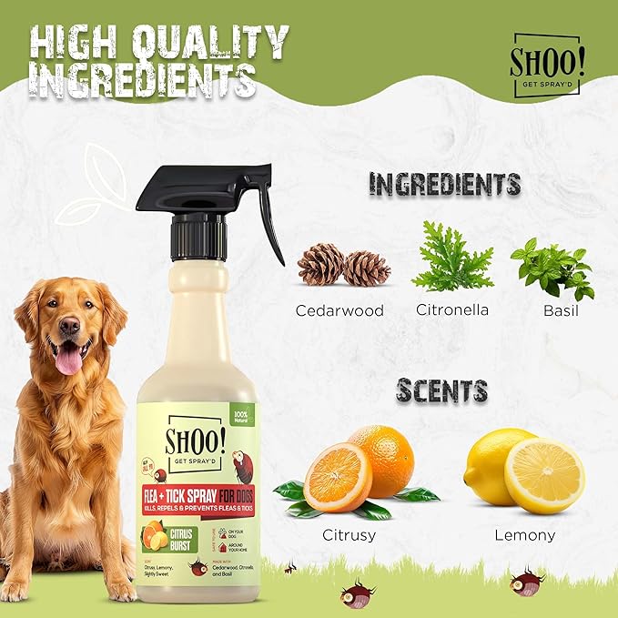 Shoo! Flea &amp; Tick Spray for Dogs and Home | Plant Based, Natural Oils, Chemical Free Formula | Kills, Repels, Prevents | 16 oz (Citrus Burst)