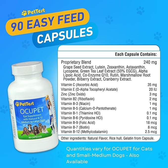 Ocupet Advanced Vision &amp; Eye Health Supplement for Cats &amp; Small-Medium Dogs, Packed with Natural B12, Grape Seed Extract &amp; Lutein to Support Pets with Diabetes or Eye Related Conditions-90 Capsules