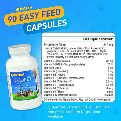 Ocupet Advanced Vision &amp; Eye Health Supplement for Cats &amp; Small-Medium Dogs, Packed with Natural B12, Grape Seed Extract &amp; Lutein to Support Pets with Diabetes or Eye Related Conditions-90 Capsules
