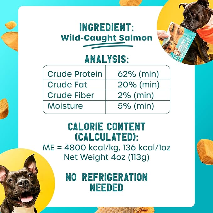 Freeze Dried Dog Treats - Wild Caught Salmon - Dog Food Dry Snacks - with Protein &amp; Omega 3s - for All Breeds &amp; Sizes - No Artificial Flavors &amp; Dyes, No Preservatives - 1 Pouch, 4 oz