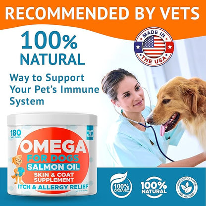 Omega 3 Fish Oil for Dogs Bundle - Skin&amp;Coat Chews - Dry&amp;Itchy Skin Relief + Allergy Support - EPA&amp;DHA Fatty Acids - Natural Salmon Oil Chews Promotes Heart, Hip&amp;Joint Support -360 Chews - Made in USA