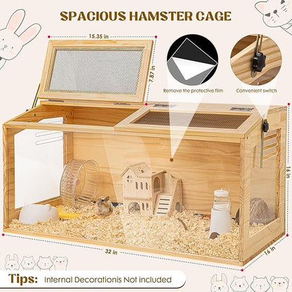 Hamster Cage 32 Inch Wooden Chewproof, 270° View Habitat with Bite-Proof Metal Mesh &amp; Dual Access Doors, Acrylic Sheets &amp; Solid Build for Dwarf Syrian Hamsters/Gerbils/Guinea Pigs/Chinchillas