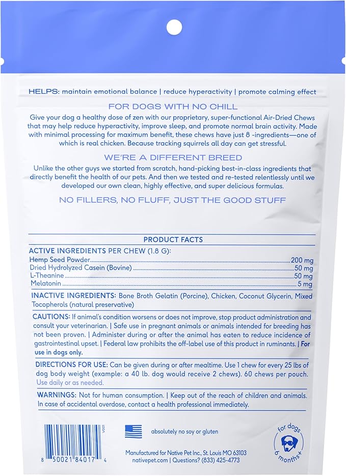 Native Pet Calming Chews for Dogs - Melatonin for Dogs Anxiety Relief - Grain Free All Natural Hemp Calming Treats &amp; L-Theanine Helps Manage Stress &amp; Separation Anxiety - Puppy Sleep Aid - 60 Chews