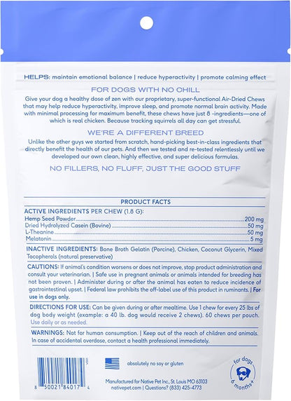 Native Pet Calming Chews for Dogs - Melatonin for Dogs Anxiety Relief - Grain Free All Natural Hemp Calming Treats &amp; L-Theanine Helps Manage Stress &amp; Separation Anxiety - Puppy Sleep Aid - 60 Chews