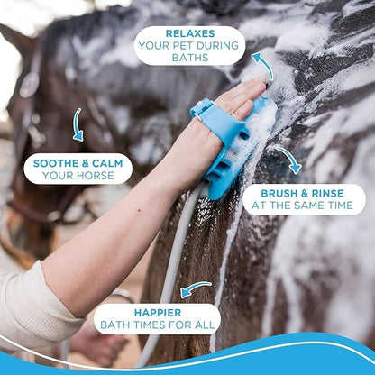 Aquapaw 5-in-1 Horse &amp; Dog Bath Brush &amp; Curry Comb - XL Blue Silicone - Includes 3-ft Shower Hose Attachment &amp; Adapter - Adjustable Spray Scrub Massager - Dog Grooming Supplies