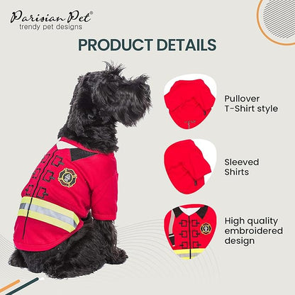 Parisian Pet Embroidered Firefighter Dog Costume - 100% Cotton &amp; Polyester, Sleeved, Medium Dog Size, Red, Lightweight