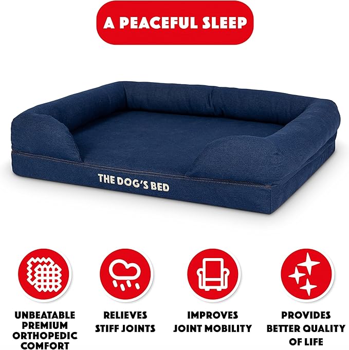 The Dog’s Bed, Med Blue Denim 30x23.5, Memory Foam, Pain Relief: Arthritis, Hip &amp; Elbow Dysplasia, Post Surgery, Lameness, Supportive, Calming, Waterproof Washable Cover, Veterinary Approved