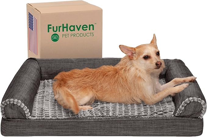 Furhaven Orthopedic Dog Bed for Medium/Small Dogs w/ Removable Bolsters &amp; Washable Cover, For Dogs Up to 35 lbs - Luxe Faux Fur &amp; Performance Linen Sofa - Charcoal, Medium