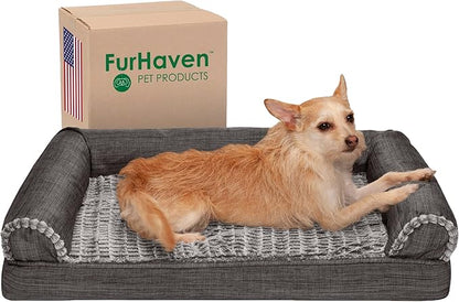 Furhaven Orthopedic Dog Bed for Medium/Small Dogs w/ Removable Bolsters &amp; Washable Cover, For Dogs Up to 35 lbs - Luxe Faux Fur &amp; Performance Linen Sofa - Charcoal, Medium