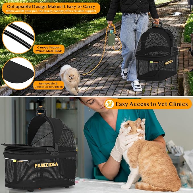 PAWZIDEA Dog Stroller 4 in 1, Pet Stroller for Cats with Detachable Carrier for Small/Medium Dogs/Cats, Seatbelt Car Seat Combo, Cozy House, Foldable &amp; Lightweight Jogger Strollers, Storage Basket
