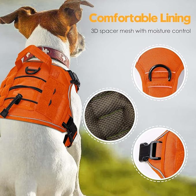 Heavy-Duty Tactical Dog Harness for Large Dogs, No Pull Adjustable Reflective Pet Vest with Molle System, K9 Military-Grade Control for Service Training, Outdoor &amp; 10+ Breeds, Orange, Large