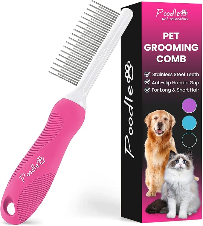 Poodle Pet Detangling Pet Comb with Long &amp; Short Stainless Steel Teeth for Removing Matted Fur, Knots &amp; Tangles – Detangler Tool Accessories for Safe &amp; Gentle DIY Dog &amp; Cat Grooming (Pink)