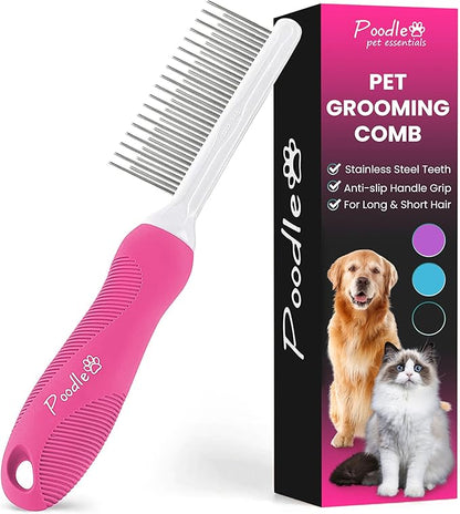 Poodle Pet Detangling Pet Comb with Long &amp; Short Stainless Steel Teeth for Removing Matted Fur, Knots &amp; Tangles – Detangler Tool Accessories for Safe &amp; Gentle DIY Dog &amp; Cat Grooming (Pink)