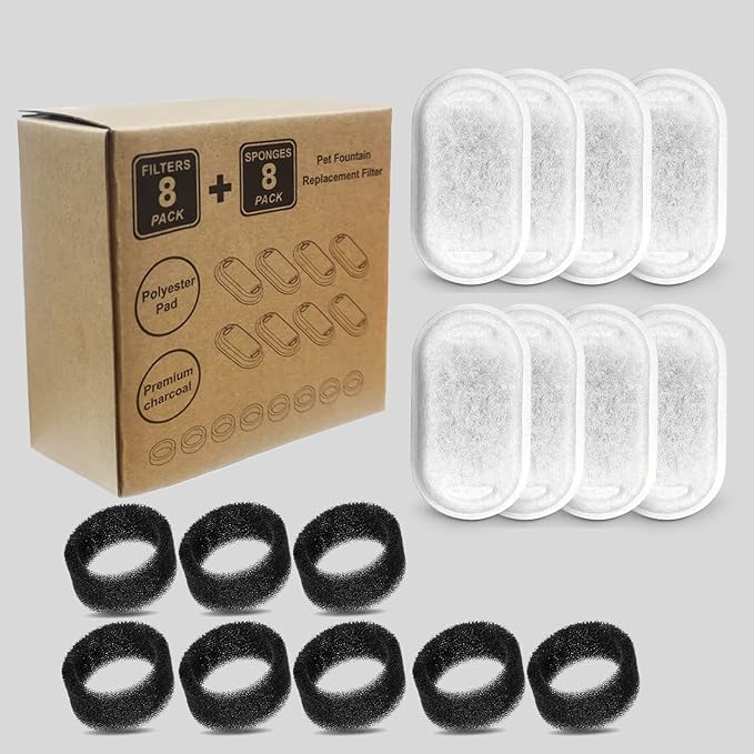 Cat Water Fountain Filters, Compatible with Stainless Steel Pet Fountain 8 Filters with 8 Sponges Replacement Filters for Cat Fountain (8 Filters&amp; 8 Sponges)