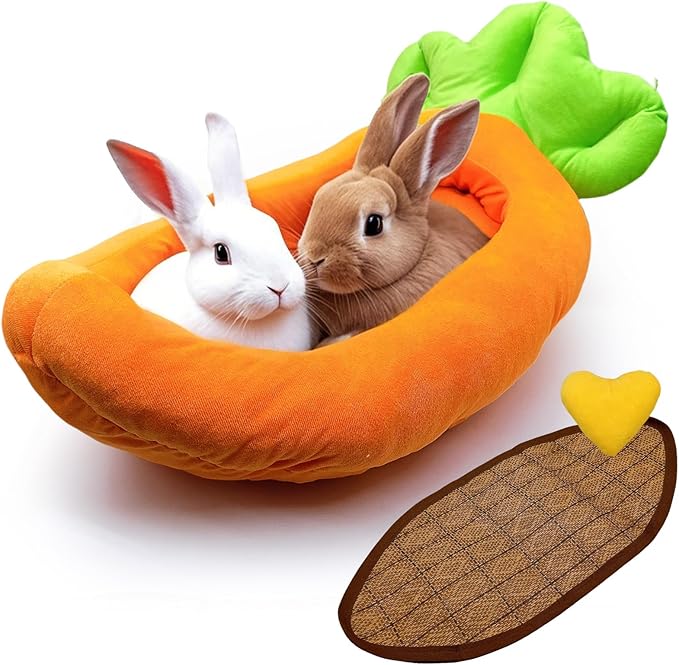 Rabbit Bed,Thick&amp;Soft Bunny Bed with Removable Cushion,Machine Washable with Rattan Mat &amp; Heart Decor,Cozy Warm Small Animal Sleeping Beds (Carrot Shape-L)