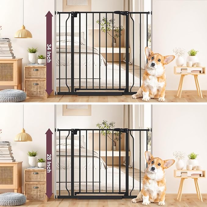 34" Extra Tall Baby Gate for Stairs, Auto Close Stroller Friendly Dog Gate Indoor for Doorways, Pressure Mounted 29"-40" W Baby Gate, Easy Walk Through Gate for Children &amp; Pets, Black